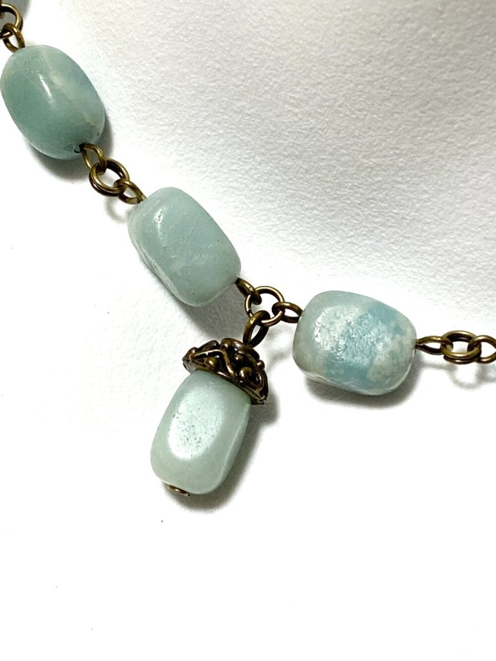 Light Teal Amazonite Short Necklace, Gemstone & Cute Bronze Acorn Charm